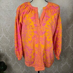Lola Australia Size Large Pink Orange Cotton Split V-neck Blouse Drop Shoulder